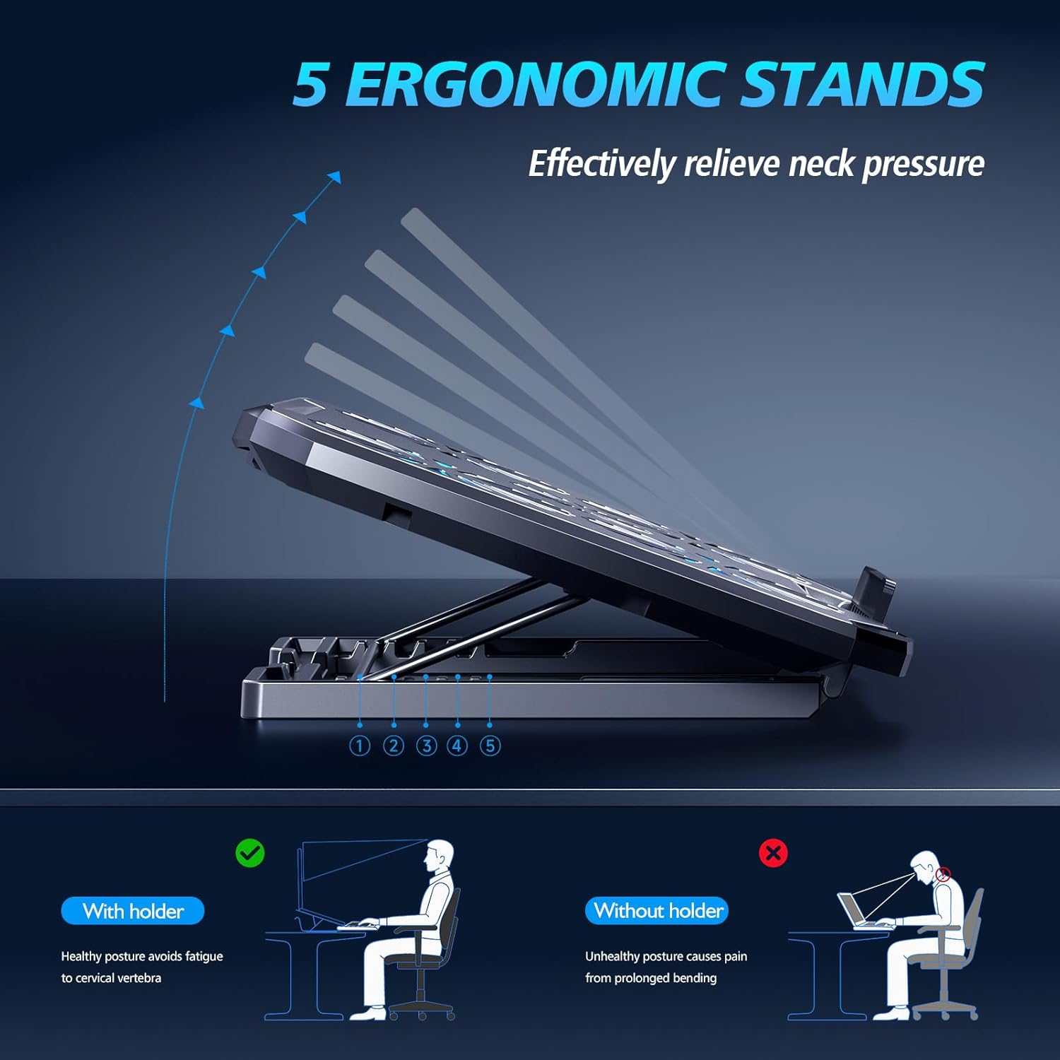 Laptop Cooling Pad with 5 Quiet Fans – Adjustable Laptop Cooling Stand for 12–15.6 Inch Laptops with Dual USB Ports & Phone Holder - Image 6