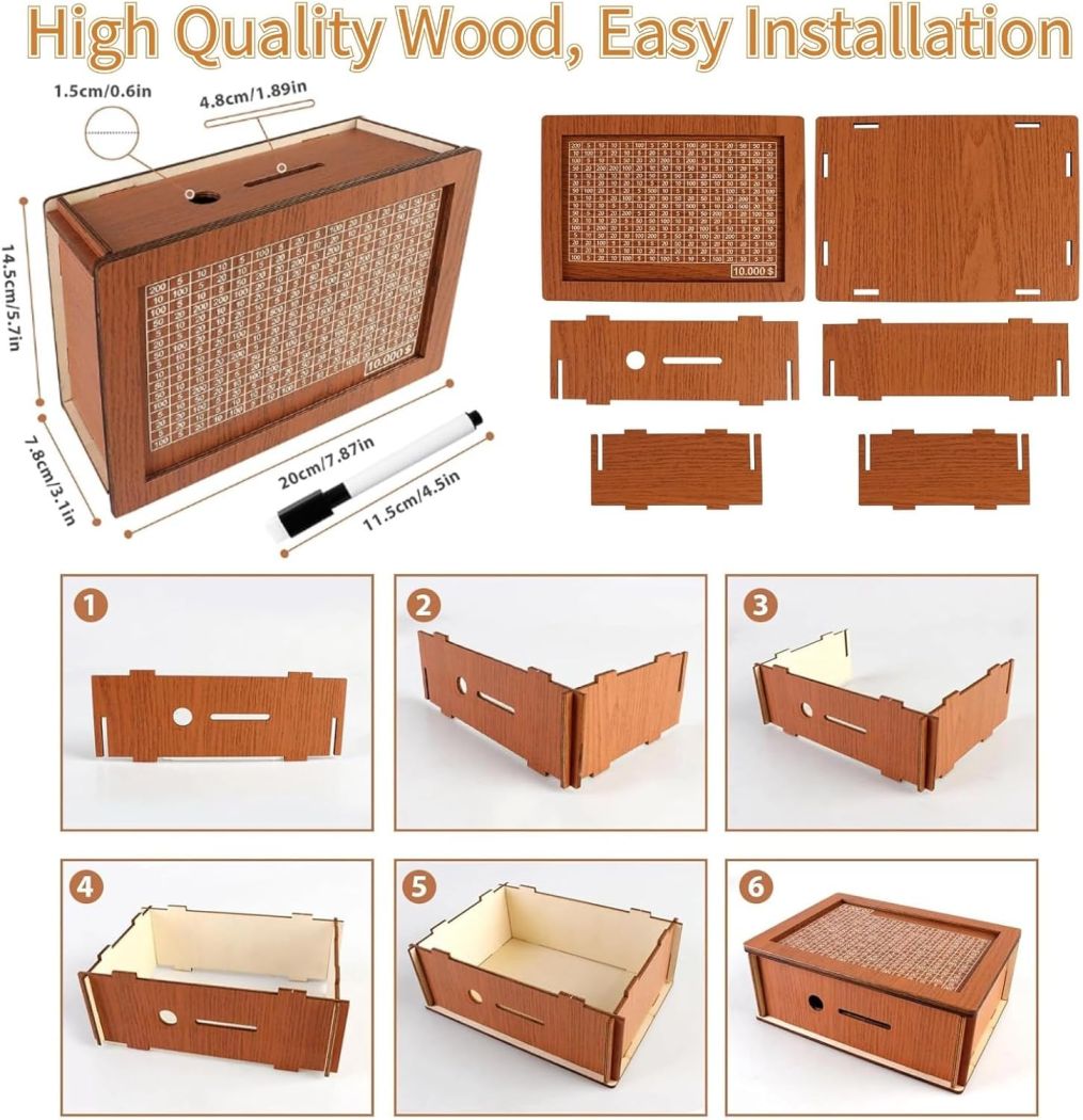 Cash Vault Wooden Savings Box with Counter – Countdown Money Saving Challenge Box for Adults and Kids – $10,000 Goal Piggy Bank - Image 3